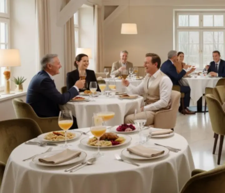Elegancki wieczór pokerowy przy stole w restauracji, goście rozmawiają i bawią się symbolicznymi żetonami.
