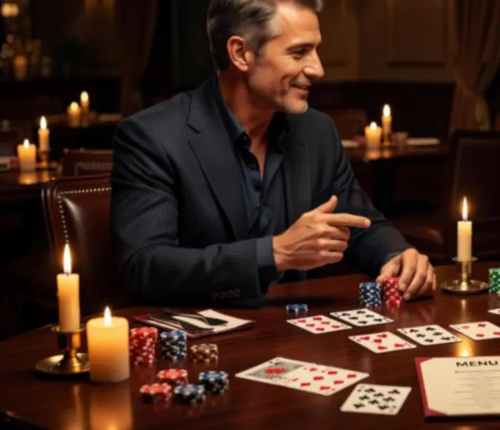 Goście przy elegancko nakrytym stole pokerowym w restauracji, w świetle świec i z kieliszkami na białym obrusie