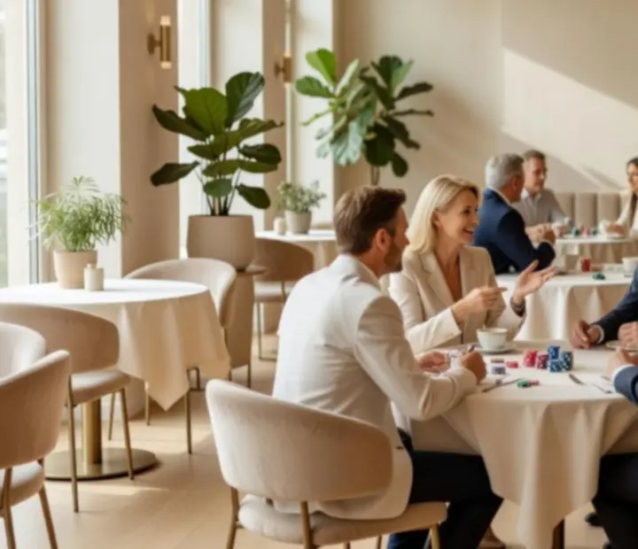 Jasne wnętrze polskiej kawiarni przygotowane na elegancki wieczór pokerowy z nakrytymi stołami i świecami