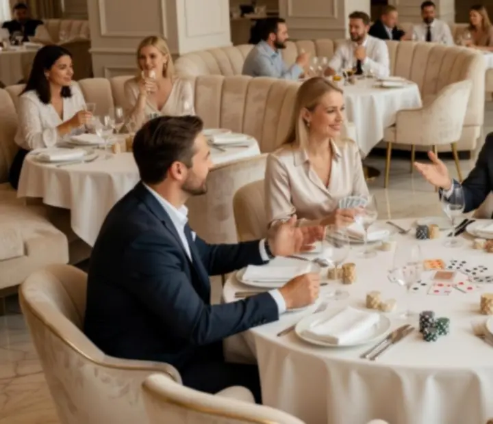 Elegancki stół w restauracji przygotowany na wieczór pokerowy z kartami, żetonami i nastrojowym oświetleniem