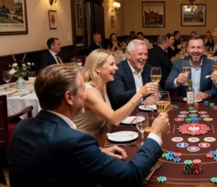 Grupa dorosłych gości przy stole pokerowym w restauracji, śmieją się i rozmawiają.