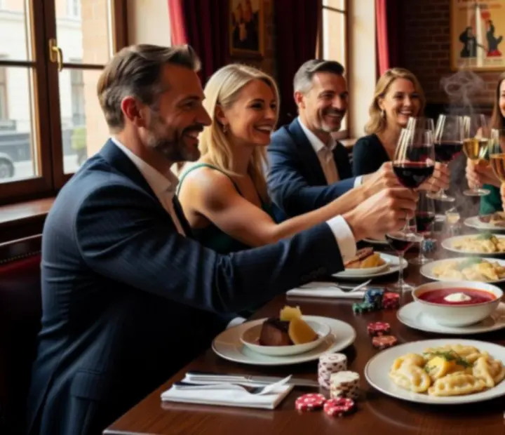 Zbliżenie na dłonie gości układających karty i żetony na stole, obok talerzy z przekąskami w restauracji