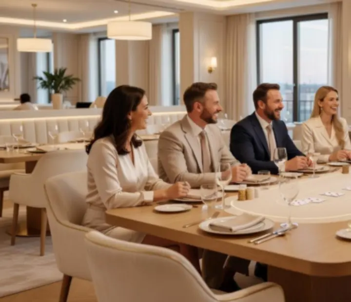 Zespół podczas integracyjnego wieczoru pokerowego w eleganckiej restauracji