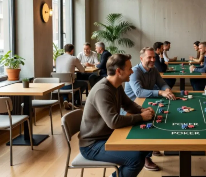 Industrialna kawiarnia z ciepłym światłem przygotowana na kameralny wieczór pokerowy