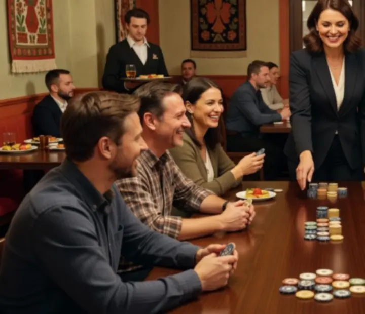 Zespół przy stole pokerowym w eleganckiej warszawskiej restauracji podczas wieczoru integracyjnego